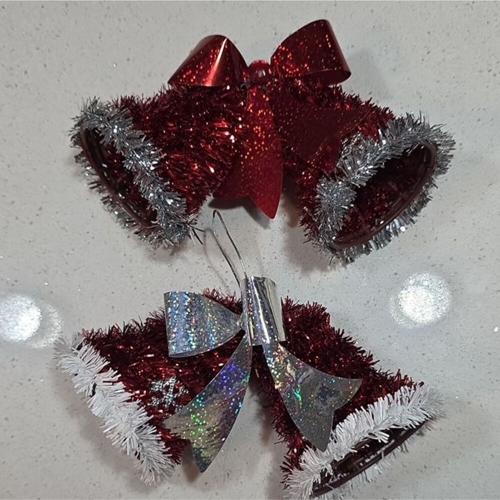 Set of 2 Tinsel Bell Christmas Hanging Ornaments Red Silver White